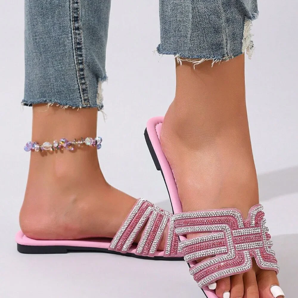 Pink Glamorous Women's Crystal Embellished Luxury Flat Slide Sandals